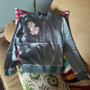 Lenni the Label Blue Satin Bomber Jacket with Embroidered Pink Rose XS